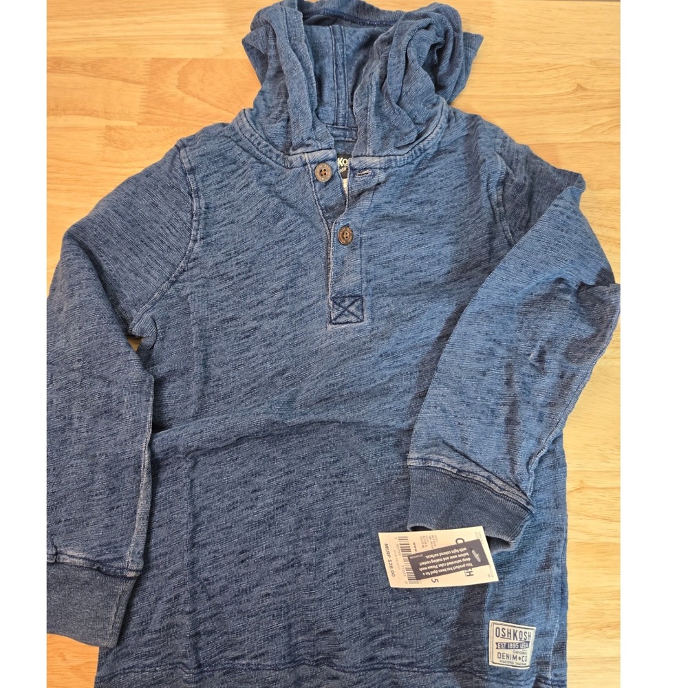 OshKosh B'gosh Boys Indigo Blue Slub Knit Henley Hoodie Size 5 NWT